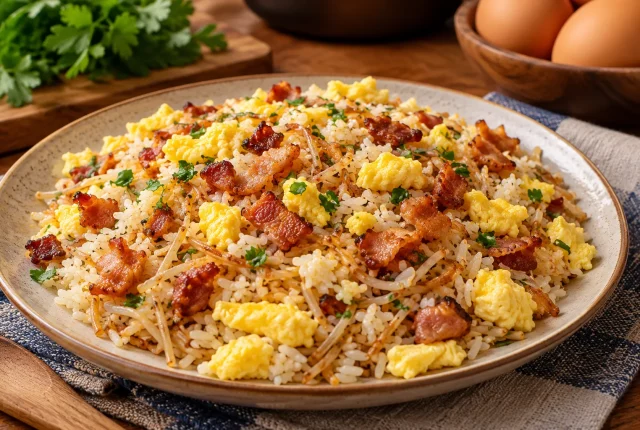 Foto ilustrativa de Arroz com Macarrão Frito, Bacon e Ovos Mexidos