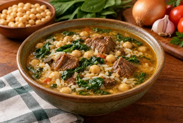 Foto ilustrativa de Sopa de Músculo com Arroz, Grão-de-Bico e Espinafre
