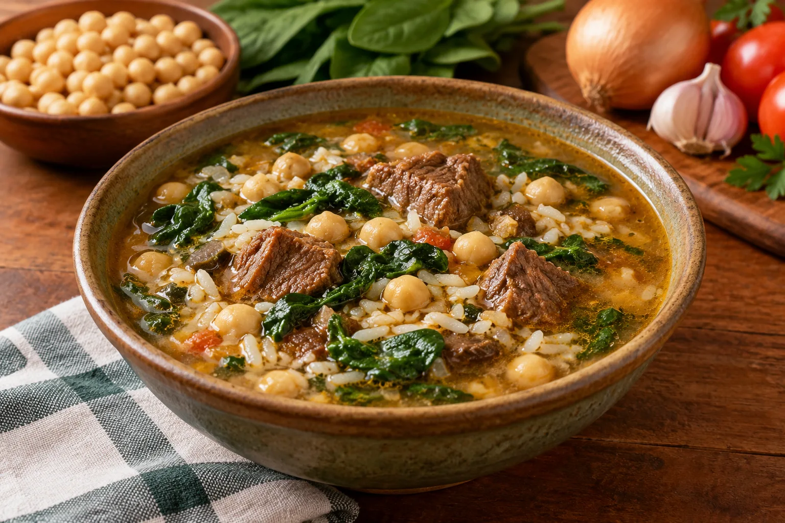 Foto ilustrativa de Sopa de Músculo com Arroz, Grão-de-Bico e Espinafre