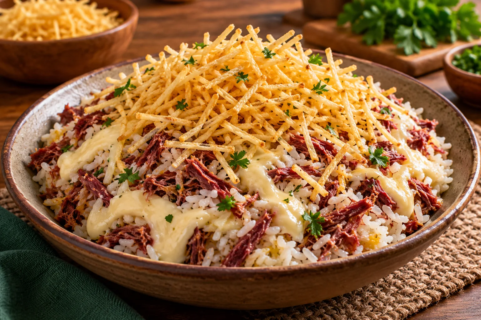 Foto ilustrativa de arroz com carne seca, catupiry e batata palha