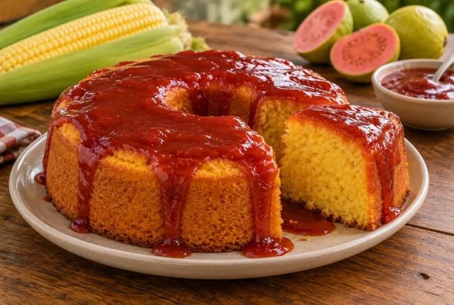 Foto ilustrativa de BOLO DE MILHO SEM GLUTEN COM CALDA DE GOIABADA