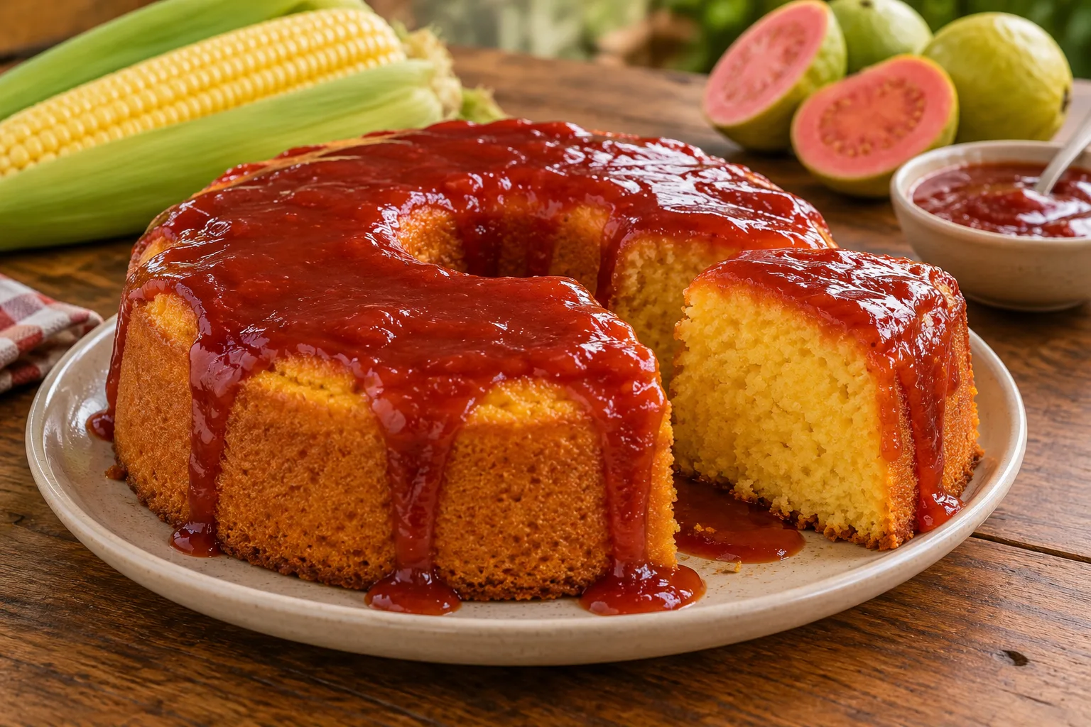 Foto ilustrativa de BOLO DE MILHO SEM GLUTEN COM CALDA DE GOIABADA