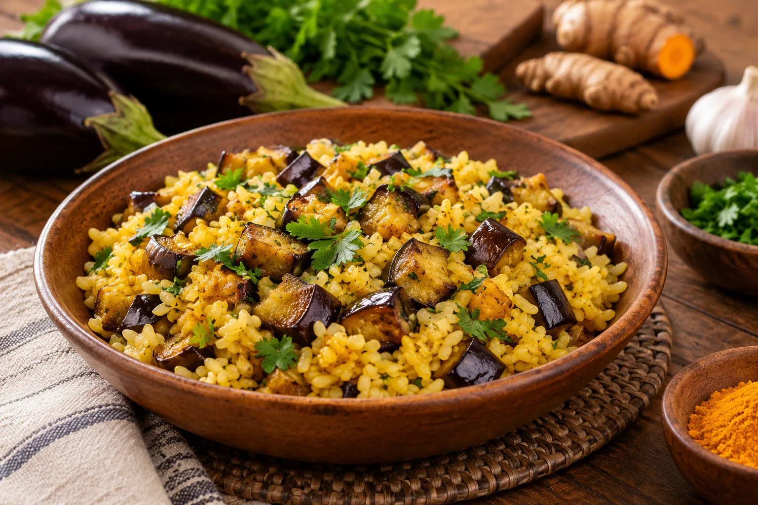 Foto ilustrativa de Arroz com berinjela e açafrão da terra