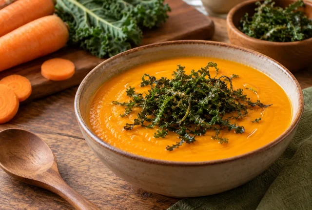 Foto ilustrativa de Sopa de cenoura com couve crispy