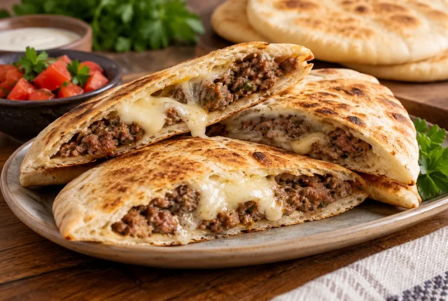 Foto ilustrativa de Arais, pão sirio, kafta amassada e queijo