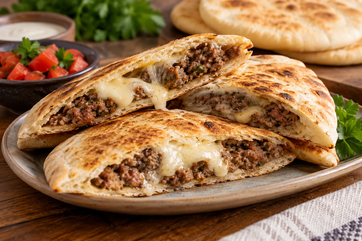 Foto ilustrativa de Arais, pão sirio, kafta amassada e queijo