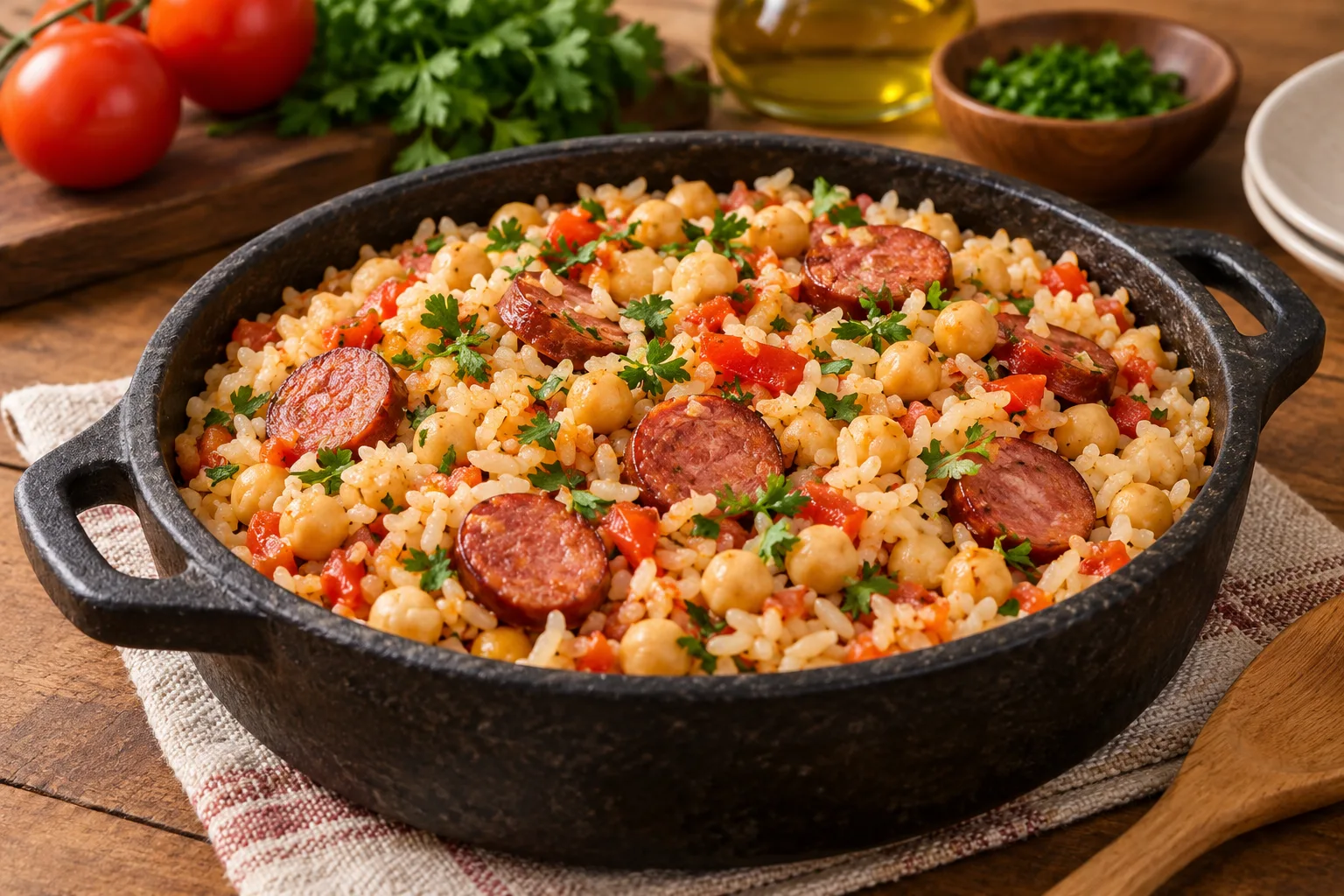 Foto ilustrativa de Arroz com grão de bico, tomate e linguiça calabresa