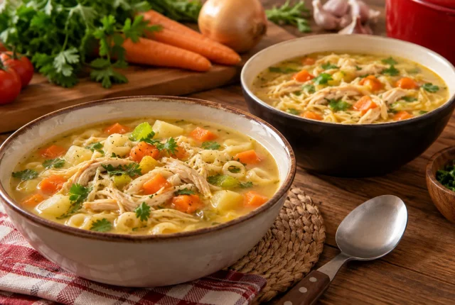 Foto ilustrativa de Sopa econômica de frango, macarrão e legumes, 2 receitas em 1!