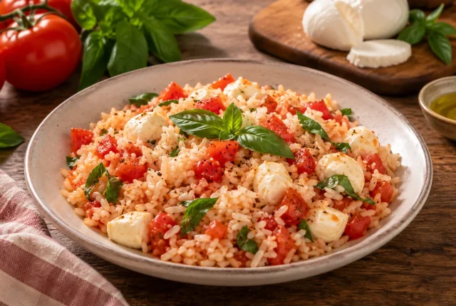 Foto ilustrativa de Arroz com tomate, manjericão e muzarela de búfala!
