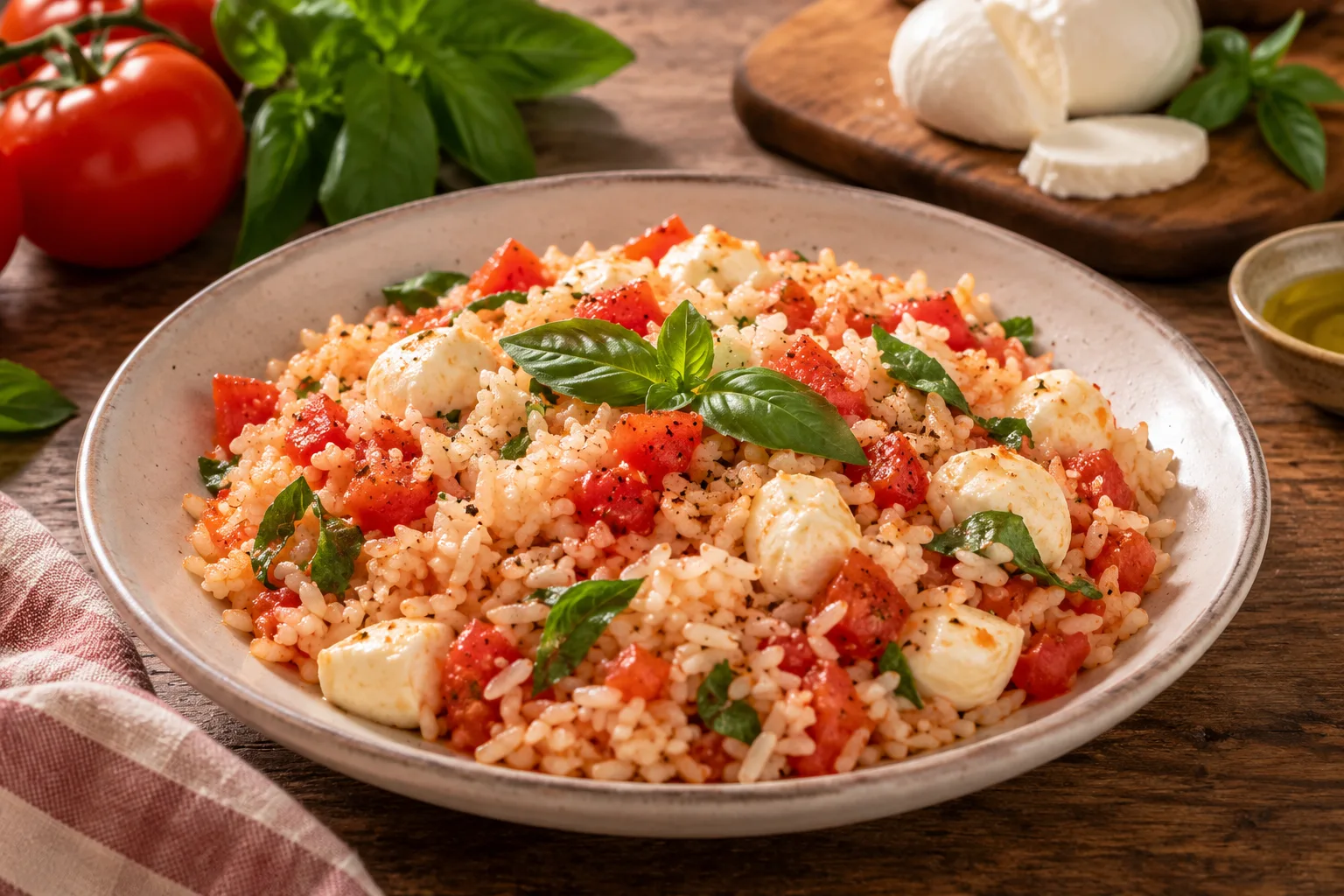 Foto ilustrativa de Arroz com tomate, manjericão e muzarela de búfala!