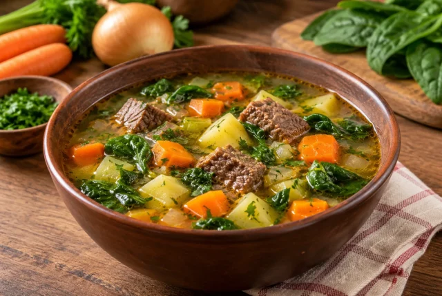 Foto ilustrativa de Sopa de Caldo de Carne com legumes e espinafre!