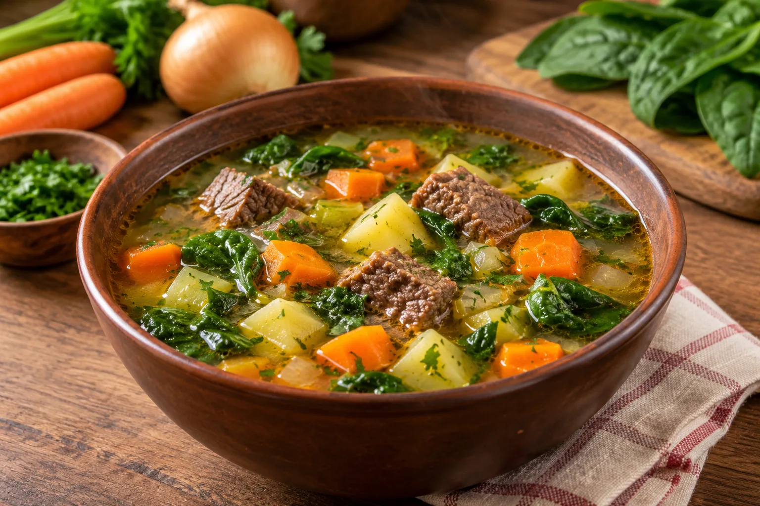Foto ilustrativa de Sopa de Caldo de Carne com legumes e espinafre!