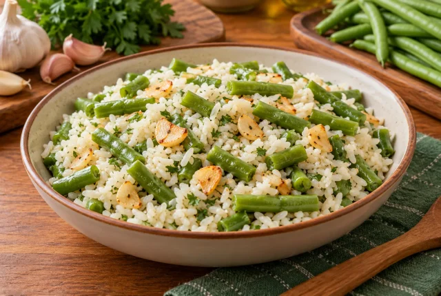 Foto ilustrativa de Arroz com vagem e alho nutritivo e bem soltinho!