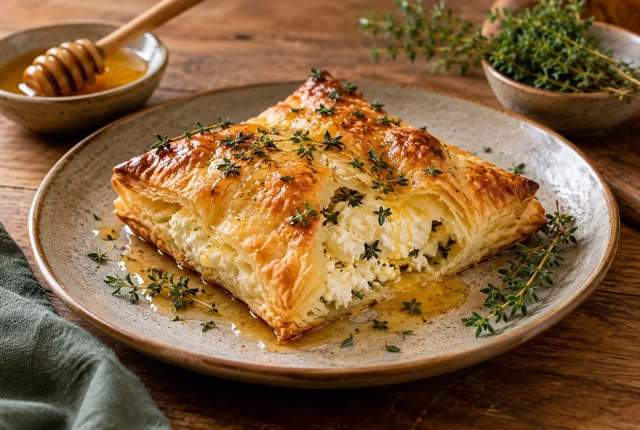 Foto ilustrativa de folhado de feta crocante com tomilho fresco e mel