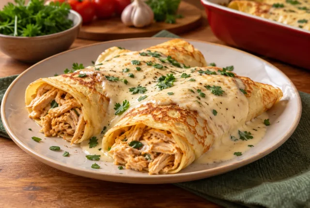 Foto ilustrativa de Panqueca de Crepioca com Frango e Molho Branco
