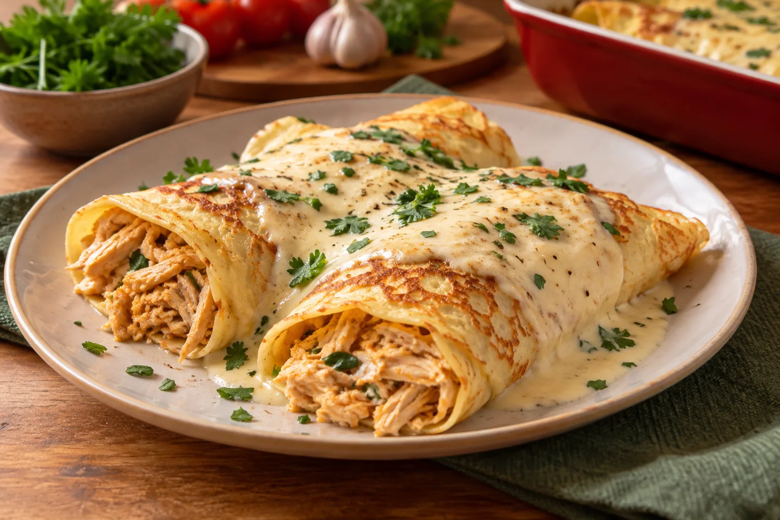 Foto ilustrativa de Panqueca de Crepioca com Frango e Molho Branco